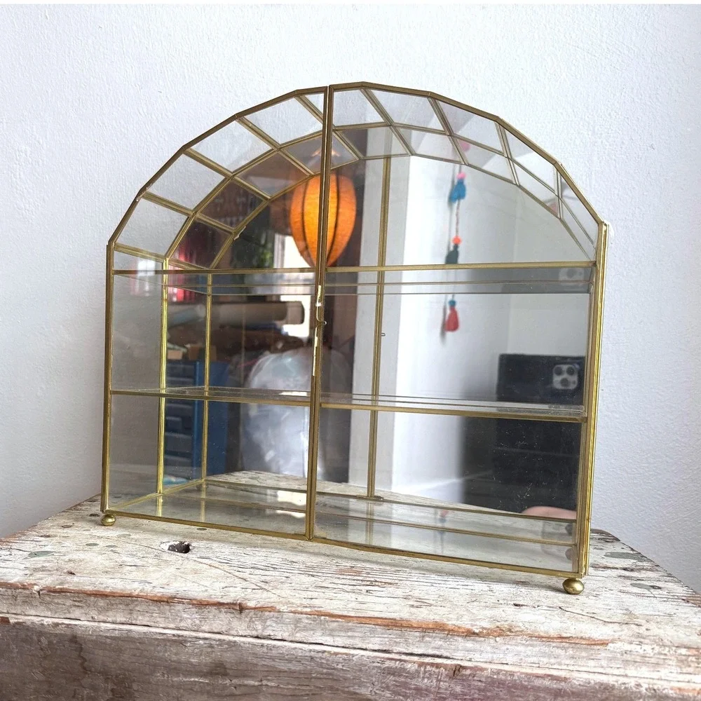 Vintage Brass Glass Arched Curio Display Case Mirrored Back 14